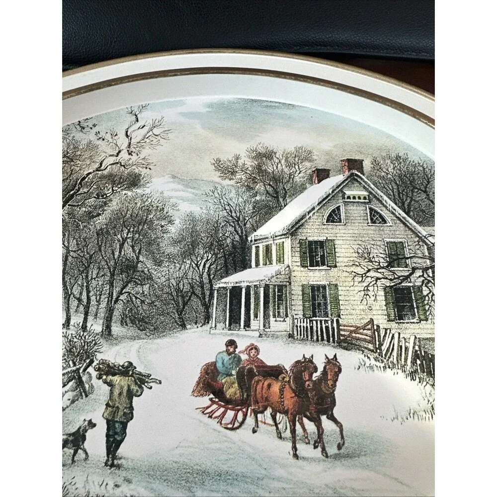 Vintage Currier & Ives Metal 1868 Oval Tray The American Homestead - Winter